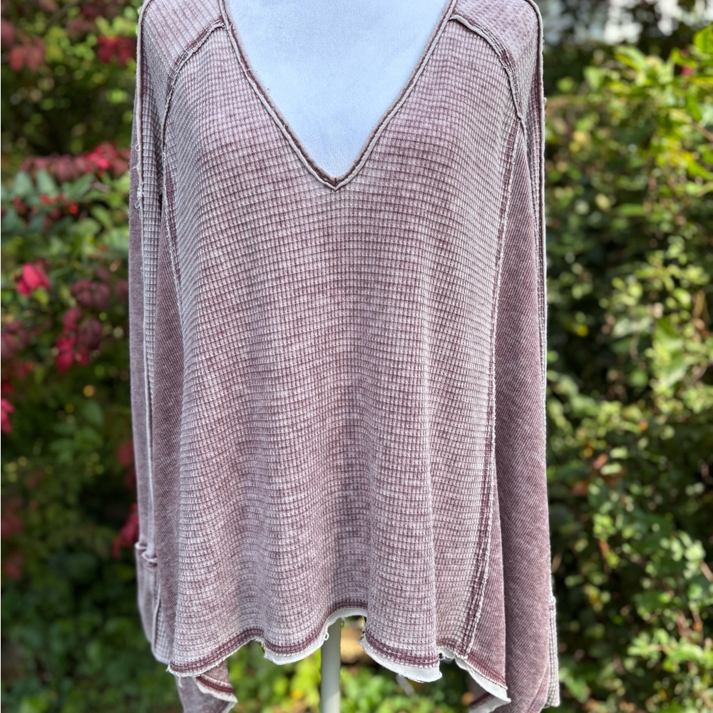 Free People Long Sleeve Shirt Distressed Burgundy V-Neck XS